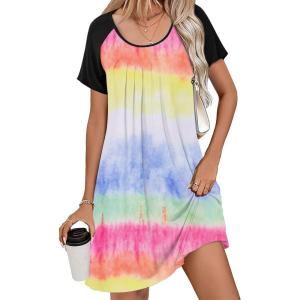 Ekouaer Women’s Nightgown Short Sleeve Sleepwear Comfy Sleepshirts Pleated Scoopneck Nightshirt S-XXXL(Tie Dye Multicolor1)