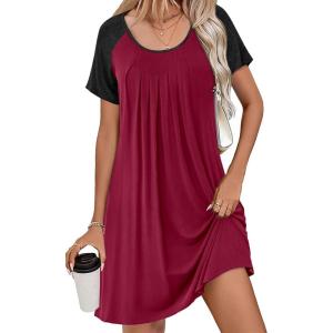 Ekouaer Women’s Nightgown Short Sleeve Sleepwear Comfy Sleepshirts Pleated Scoopneck Nightshirt S-XXXL(Wine Red1)