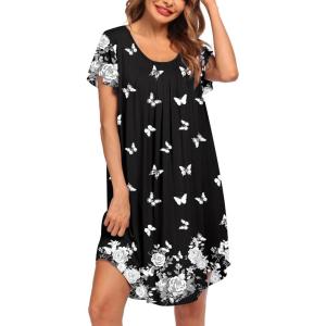 Ekouaer Womens Nightgown Soft Sleepwear Pleated Sleepshirt Sleep Dress Short Sleeve Nightdress S-3XL(Black White Butterfly)