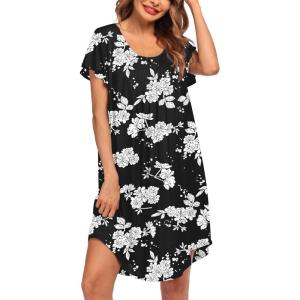 Ekouaer Womens Nightgown Soft Sleepwear Pleated Sleepshirt Sleep Dress Short Sleeve Nightdress S-3XL(Black White Flower)