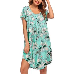 Ekouaer Womens Nightgown Soft Sleepwear Pleated Sleepshirt Sleep Dress Short Sleeve Nightdress S-3XL(Blue Flower)