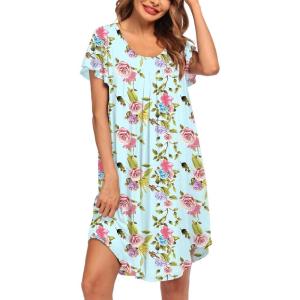 Ekouaer Womens Nightgown Soft Sleepwear Pleated Sleepshirt Sleep Dress Short Sleeve Nightdress S-3XL(Blue Purple Flower)