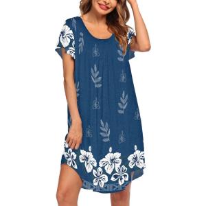 Ekouaer Womens Nightgown Soft Sleepwear Pleated Sleepshirt Sleep Dress Short Sleeve Nightdress S-3XL(Floral Blue)