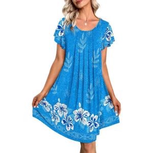 Ekouaer Womens Nightgown Soft Sleepwear Pleated Sleepshirt Sleep Dress Short Sleeve Nightdress S-3XL(Floral Sky Blue)