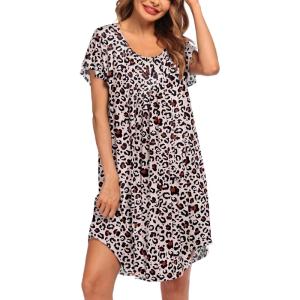 Ekouaer Womens Nightgown Soft Sleepwear Pleated Sleepshirt Sleep Dress Short Sleeve Nightdress S-3XL(Leopard Printed)