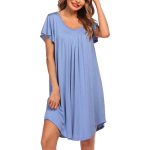Ekouaer Womens Nightgown Soft Sleepwear Pleated Sleepshirt Sleep Dress Short Sleeve Nightdress S-3XL(Light Blue)