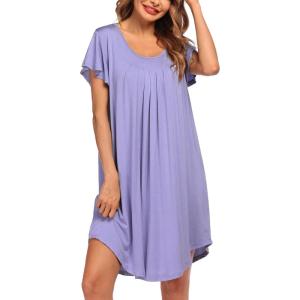 Ekouaer Womens Nightgown Soft Sleepwear Pleated Sleepshirt Sleep Dress Short Sleeve Nightdress S-3XL(Lilac)
