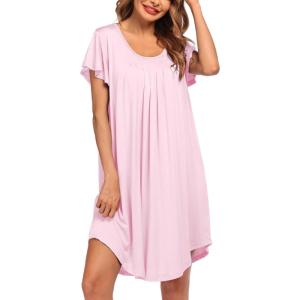 Ekouaer Womens Nightgown Soft Sleepwear Pleated Sleepshirt Sleep Dress Short Sleeve Nightdress S-3XL(Misty Rose)