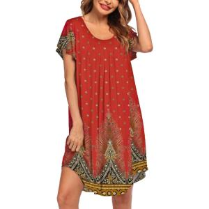 Ekouaer Womens Nightgown Soft Sleepwear Pleated Sleepshirt Sleep Dress Short Sleeve Nightdress S-3XL(Red Plume)
