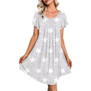 Ekouaer Womens Nightgown Soft Sleepwear Pleated Sleepshirt Sleep Dress Short Sleeve Nightdress S-3XL(Star Print)
