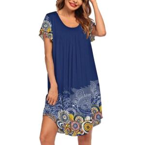 Ekouaer Womens Nightgown Soft Sleepwear Pleated Sleepshirt Sleep Dress Short Sleeve Nightdress S-3XL(Sunflower Print)