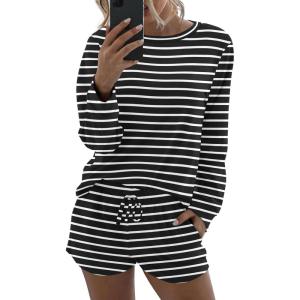 Ekouaer Womens Pajama Sets 2 Piece Lounge Set Casual Long Sleeve Loungewear Matching Sleepwear(Black and White Stripes)