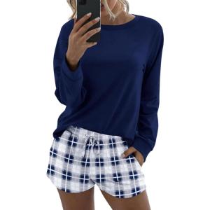 Ekouaer Womens Pajama Sets 2 Piece Lounge Set Casual Long Sleeve Loungewear Matching Sleepwear(Blue Plaid)