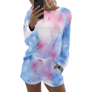 Ekouaer Womens Pajama Sets 2 Piece Lounge Set Casual Long Sleeve Loungewear Matching Sleepwear(Blue Tie-dye)