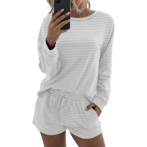 Ekouaer Womens Pajama Sets 2 Piece Lounge Set Casual Long Sleeve Loungewear Matching Sleepwear(Gray and White Stripes)