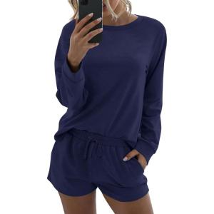 Ekouaer Womens Pajama Sets 2 Piece Lounge Set Casual Long Sleeve Loungewear Matching Sleepwear(Navy Blue)