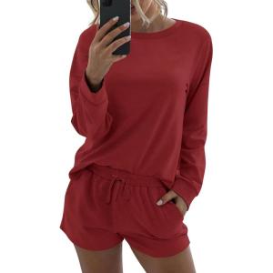 Ekouaer Womens Pajama Sets 2 Piece Lounge Set Casual Long Sleeve Loungewear Matching Sleepwear(Wine Red)