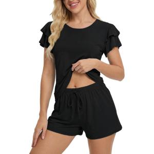 Ekouaer Womens Pajama Sets 2 Piece Ruffle Sleeves Top and Shorts Pjs Soft Sleepwear Casual Lounge Set with Pockets(Black)