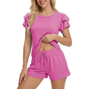 Ekouaer Womens Pajama Sets 2 Piece Ruffle Sleeves Top and Shorts Pjs Soft Sleepwear Casual Lounge Set with Pockets(Rose Red)
