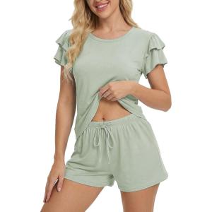 Ekouaer Womens Pajama Sets 2 Piece Ruffle Sleeves Top and Shorts Pjs Soft Sleepwear Casual Lounge Set with Pockets(Sage Green)