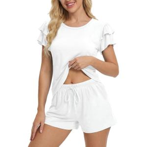 Ekouaer Womens Pajama Sets 2 Piece Ruffle Sleeves Top and Shorts Pjs Soft Sleepwear Casual Lounge Set with Pockets(White)
