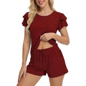 Ekouaer Womens Pajama Sets 2 Piece Ruffle Sleeves Top and Shorts Pjs Soft Sleepwear Casual Lounge Set with Pockets(Wine Red)
