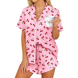 Ekouaer Womens Pajama Sets Button Down Short Sleeve Top and Shorts Cute Pjs Sets Sleepwear(Cherry)