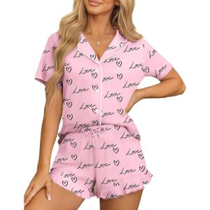 Ekouaer Womens Pajama Sets Button Down Short Sleeve Top and Shorts Cute Pjs Sets Sleepwear(Letter Heart)