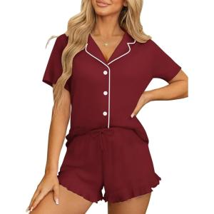 Ekouaer Womens Pajama Sets Button Down Short Sleeve Top and Shorts Cute Pjs Sets Sleepwear(Wine Red)