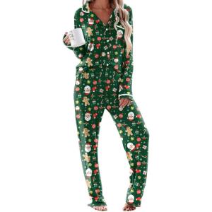 Ekouaer Women’s Pajama Sets Long Sleeve Button Down 2 Piece Pjs Soft Lounge Sets Notch Collar Sleepwear(Christmas Green)