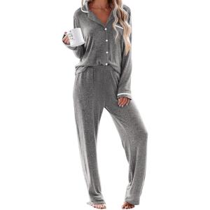 Ekouaer Women’s Pajama Sets Long Sleeve Button Down 2 Piece Pjs Soft Lounge Sets Notch Collar Sleepwear(Dark Grey)
