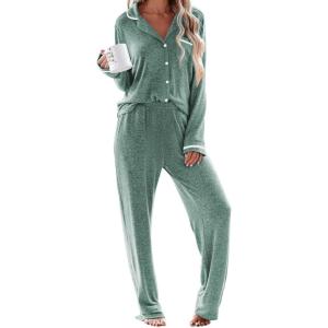 Ekouaer Women’s Pajama Sets Long Sleeve Button Down 2 Piece Pjs Soft Lounge Sets Notch Collar Sleepwear(Green)