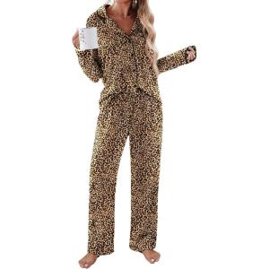 Ekouaer Women’s Pajama Sets Long Sleeve Button Down 2 Piece Pjs Soft Lounge Sets Notch Collar Sleepwear(Leopard)