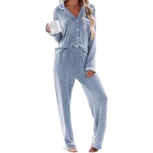 Ekouaer Women’s Pajama Sets Long Sleeve Button Down 2 Piece Pjs Soft Lounge Sets Notch Collar Sleepwear(Light Blue)