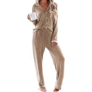Ekouaer Women’s Pajama Sets Long Sleeve Button Down 2 Piece Pjs Soft Lounge Sets Notch Collar Sleepwear(Light Brown)