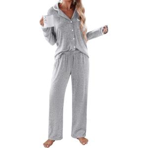Ekouaer Women’s Pajama Sets Long Sleeve Button Down 2 Piece Pjs Soft Lounge Sets Notch Collar Sleepwear(Light Grey)