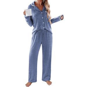 Ekouaer Women’s Pajama Sets Long Sleeve Button Down 2 Piece Pjs Soft Lounge Sets Notch Collar Sleepwear(Navy)