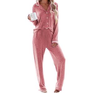 Ekouaer Women’s Pajama Sets Long Sleeve Button Down 2 Piece Pjs Soft Lounge Sets Notch Collar Sleepwear(Orange Red)