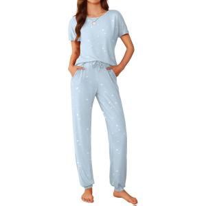 Ekouaer Womens Pajama Sets Short Sleeve Lounge Sets for Women Printed Jogger Pajama Set 2 Piece Pj Sets With Pockets S-XXL(Blue Star)
