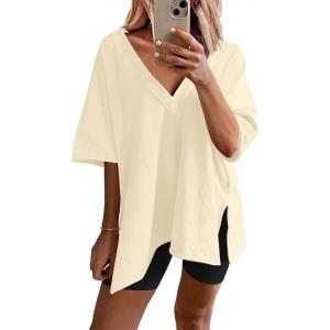 Ekouaer Womens Pajamas 2 Piece Lounge Sets Oversized V Neck T-Shirts Tops Biker Shorts Set Workout Reversible Tracksuit S-XXL(Apricot)