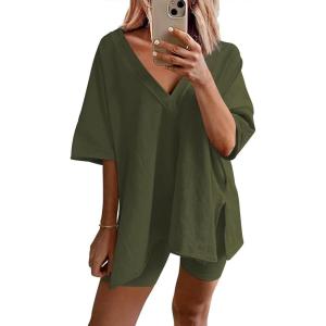 Ekouaer Womens Pajamas 2 Piece Lounge Sets Oversized V Neck T-Shirts Tops Biker Shorts Set Workout Reversible Tracksuit S-XXL(Army Green)