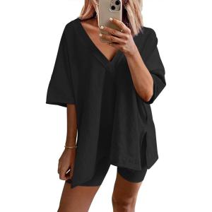 Ekouaer Womens Pajamas 2 Piece Lounge Sets Oversized V Neck T-Shirts Tops Biker Shorts Set Workout Reversible Tracksuit S-XXL(Black)
