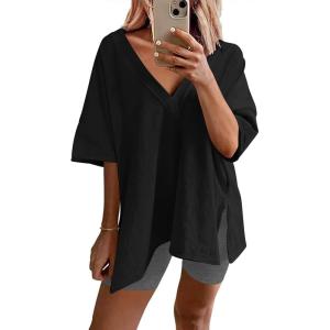 Ekouaer Womens Pajamas 2 Piece Lounge Sets Oversized V Neck T-Shirts Tops Biker Shorts Set Workout Reversible Tracksuit S-XXL(Black/Dark Gray)