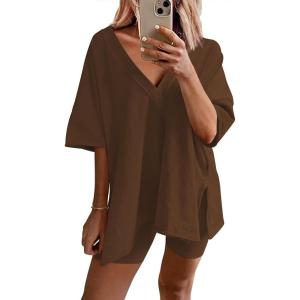 Ekouaer Womens Pajamas 2 Piece Lounge Sets Oversized V Neck T-Shirts Tops Biker Shorts Set Workout Reversible Tracksuit S-XXL(Brown)
