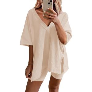 Ekouaer Womens Pajamas 2 Piece Lounge Sets Oversized V Neck T-Shirts Tops Biker Shorts Set Workout Reversible Tracksuit S-XXL(Champagne)
