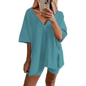 Ekouaer Womens Pajamas 2 Piece Lounge Sets Oversized V Neck T-Shirts Tops Biker Shorts Set Workout Reversible Tracksuit S-XXL(Dark Blue)