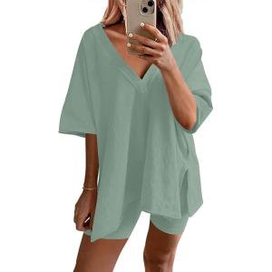 Ekouaer Womens Pajamas 2 Piece Lounge Sets Oversized V Neck T-Shirts Tops Biker Shorts Set Workout Reversible Tracksuit S-XXL(Ice Green)