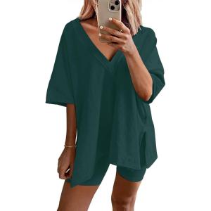 Ekouaer Womens Pajamas 2 Piece Lounge Sets Oversized V Neck T-Shirts Tops Biker Shorts Set Workout Reversible Tracksuit S-XXL(Lake Green)