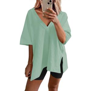Ekouaer Womens Pajamas 2 Piece Lounge Sets Oversized V Neck T-Shirts Tops Biker Shorts Set Workout Reversible Tracksuit S-XXL(Light Green)