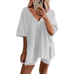 Ekouaer Womens Pajamas 2 Piece Lounge Sets Oversized V Neck T-Shirts Tops Biker Shorts Set Workout Reversible Tracksuit S-XXL(Light Grey)